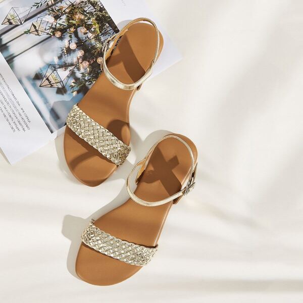 

Metallic Braided Strap Flat Sandals, Gold