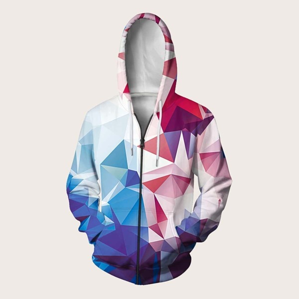 

Men Muti-Geo Print Drawstring Hooded Sweatshirt