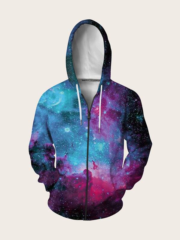 

Men Galaxy Print Drawstring Hooded Sweatshirt, Multicolor