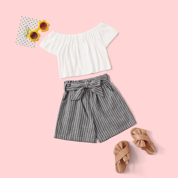

Toddler Girls Bardot Button Front Top & Belted Striped Shorts