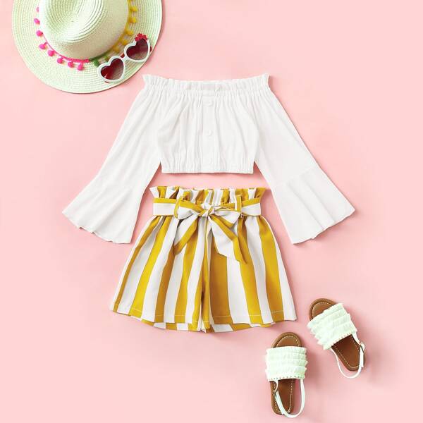 

Toddler Girls Frill Trim Bardot Top & Striped Paperbag Shorts