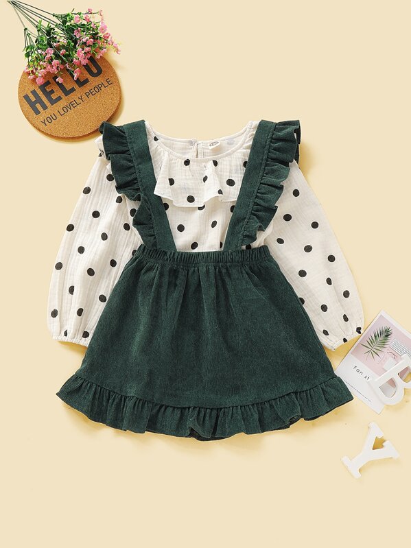 

Toddler Girls Polka Dot Blouse & Ruffle Trim Pinafore Skirt, Multicolor