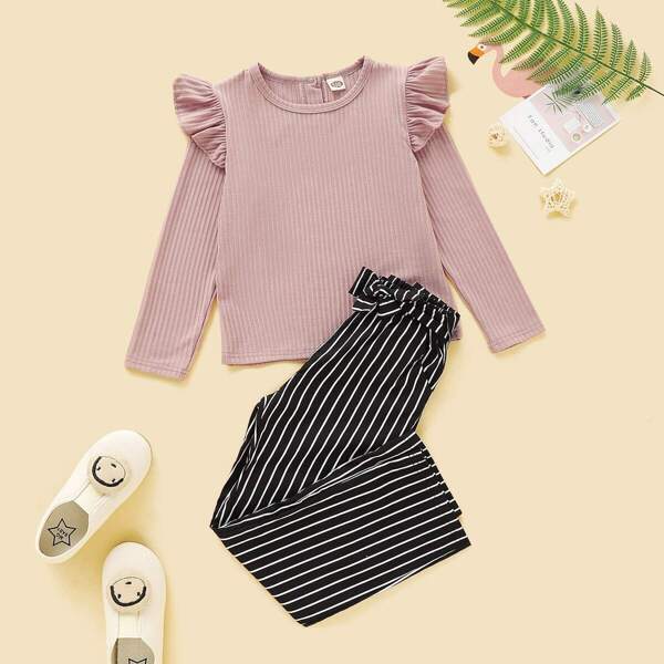

Toddler Girls Ruffle Trim Top & Belted Striped Pants