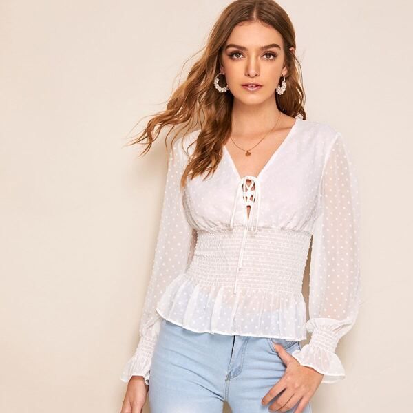 

Swiss Dot Lace-up Shirred Blouse