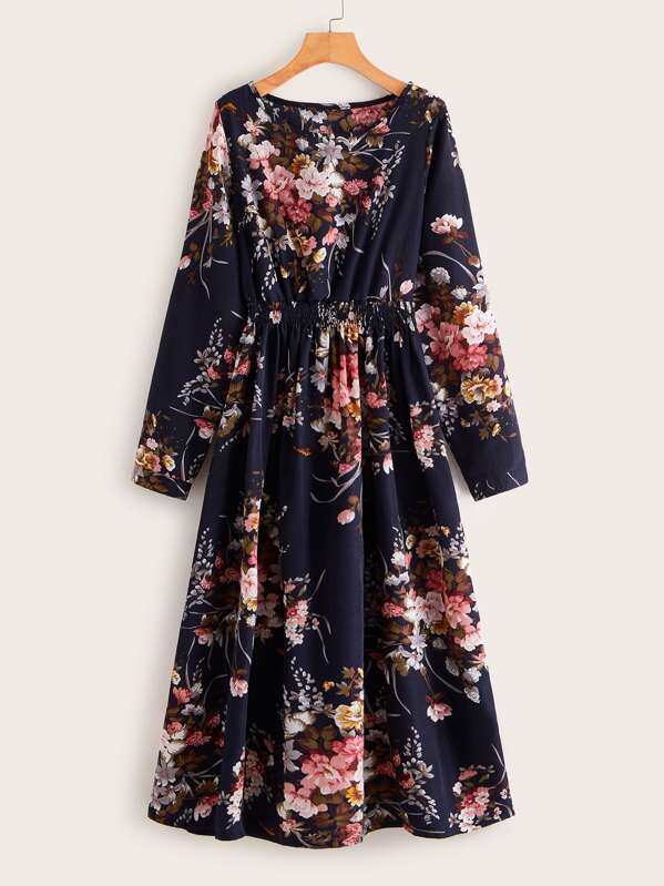 

Floral Print Shirred Waist Dress, Navy