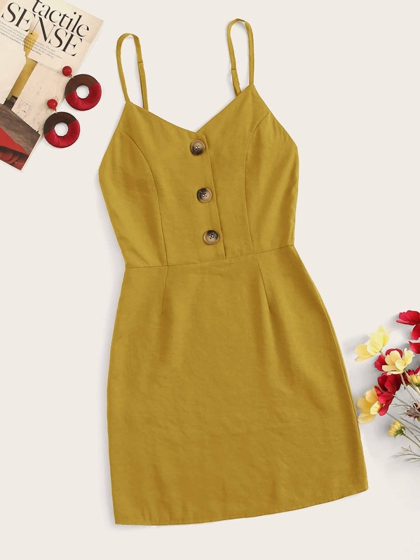 

Button Front Fitted Sip Dress, Yellow
