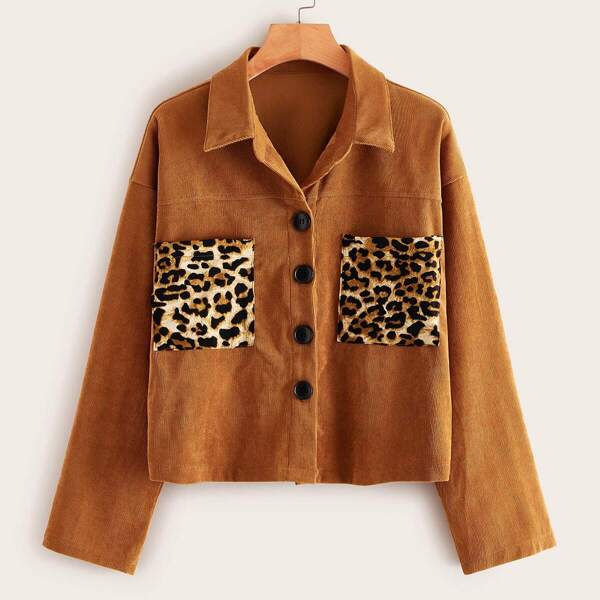 

Contrast Leopard Pocket Corduroy Jacket, Brown