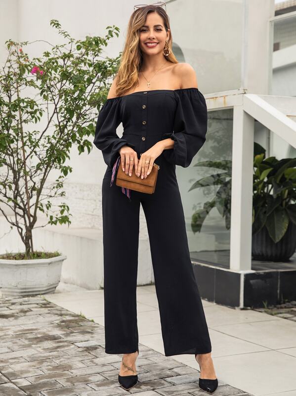 

Button Detail Off The Shoulder Jumpsuit, Black, Giulia