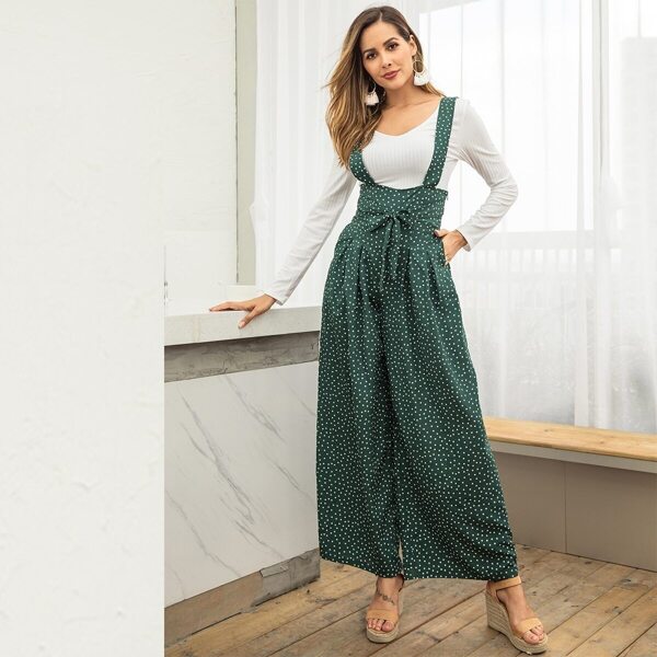 

Polka Dot Tie Front Wide Leg Jumpsuit, Green