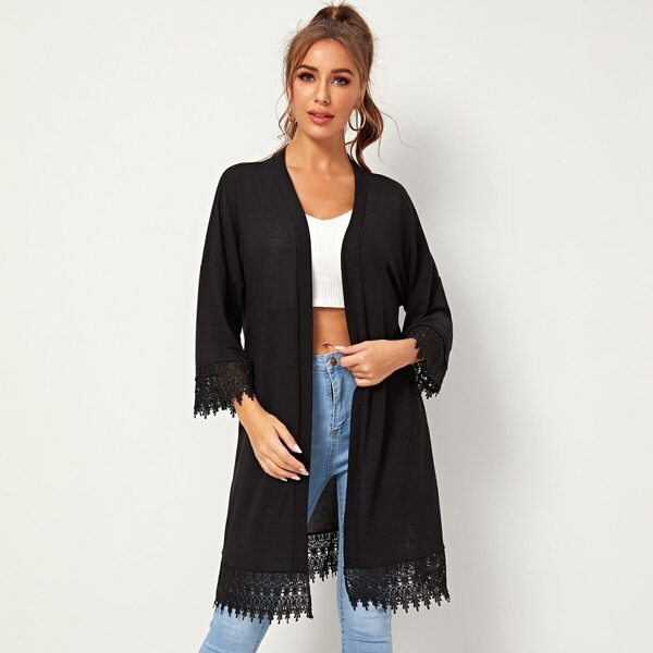 

Solid Contrast Lace Cardigan, Black