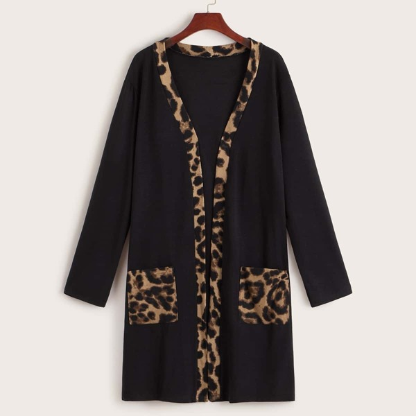 

Contrast Leopard Print Dual Pocket Coat
