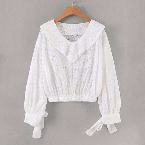 

Embroidery Eyelet Tie Sleeve Schiffy Blouse