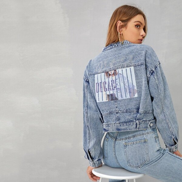 

Figure Print Rhinestone Denim Jacket