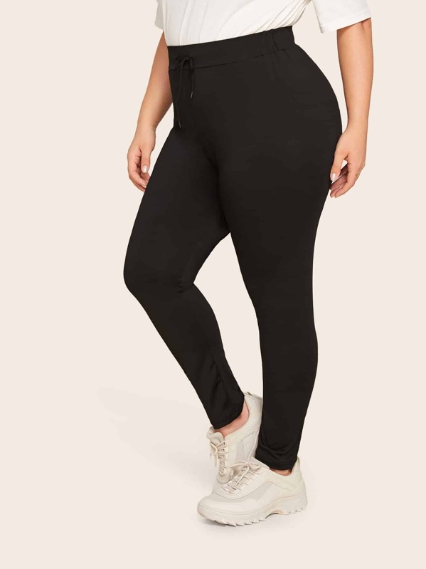 

Plus Solid Drawstring Leggings Without Bag, Black, Carol