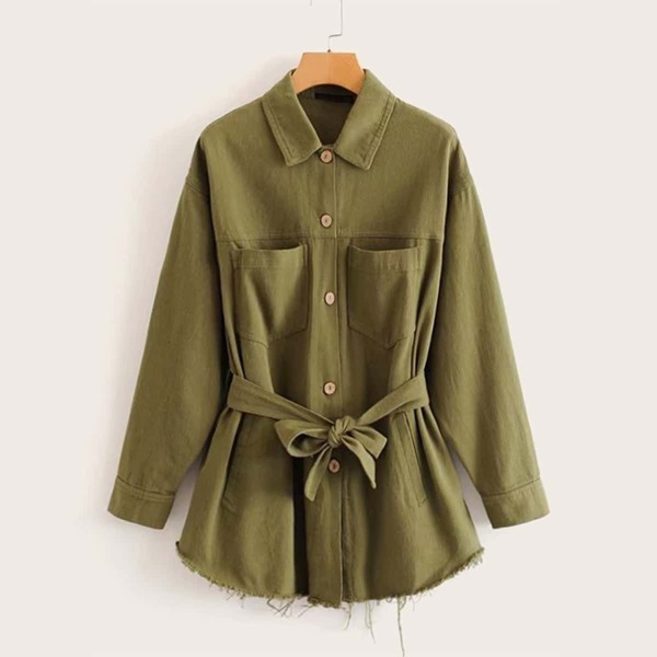 

Raw Hem Pocket Patched Belted Outerwear