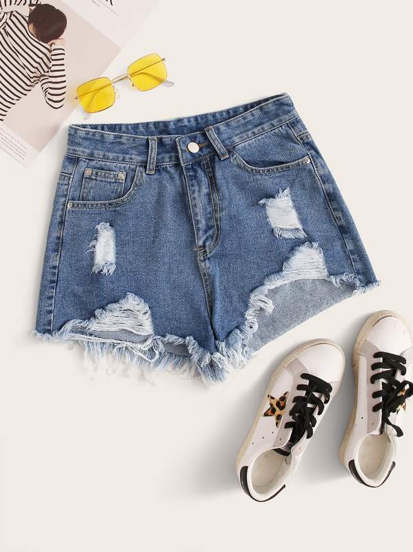 

Ripped Raw Hem Denim Shorts, Blue