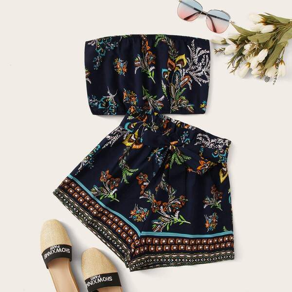 

Plants Print Tube Top & Belted Shorts Set