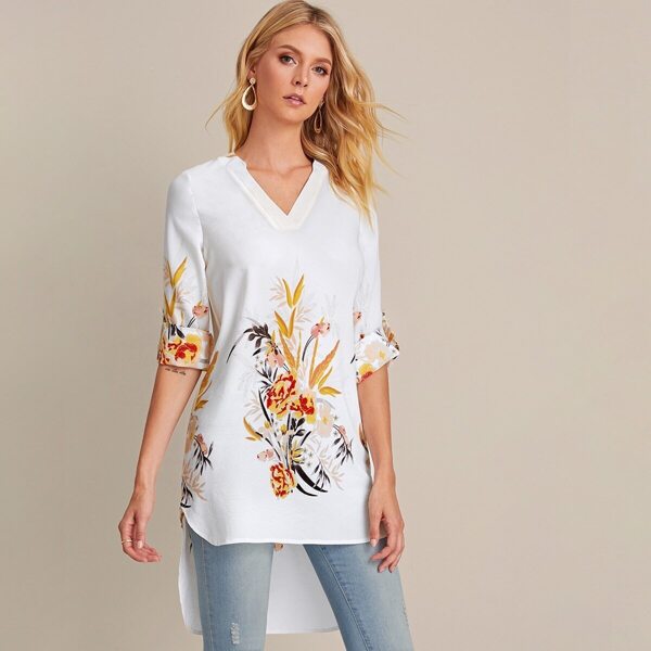 

Random Floral Print Notch Neck High Low Blouse