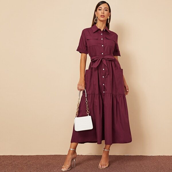 

Dual Pocket Belted Utility Shirt Dress, Burgundy