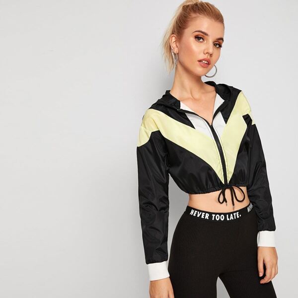 

Cut And Sew Drawstring Hem Crop Jacket, Black