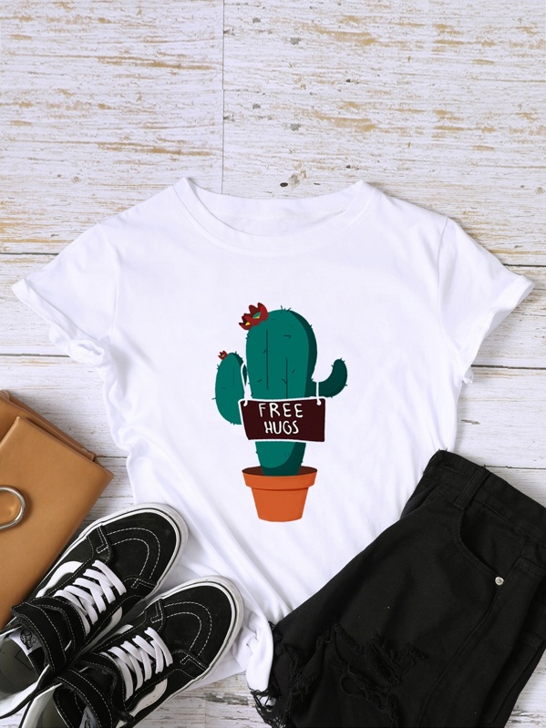 

Cactus And Letter Graphic Tee, White