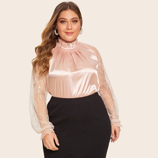 

Plus Contrast Lace Sleeve Frill Neck Satin Blouse