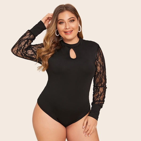

Plus Keyhole Neck Contrast Lace Sleeve Skinny Bodysuit