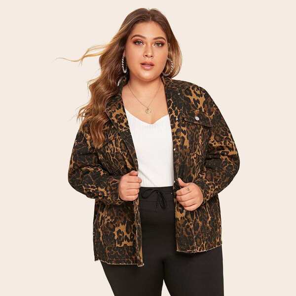 

Plus Leopard Print Flap Pockets Denim Coat