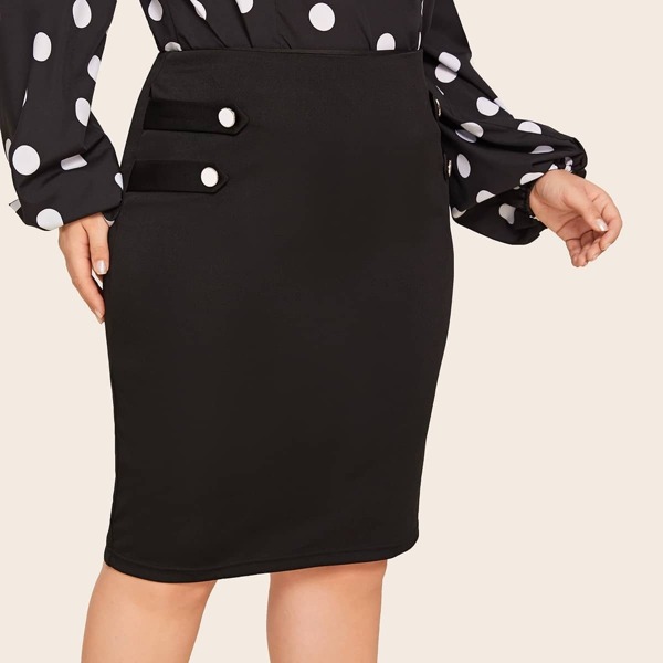 

Plus Button Decoration Zipper Back Straight Skirt