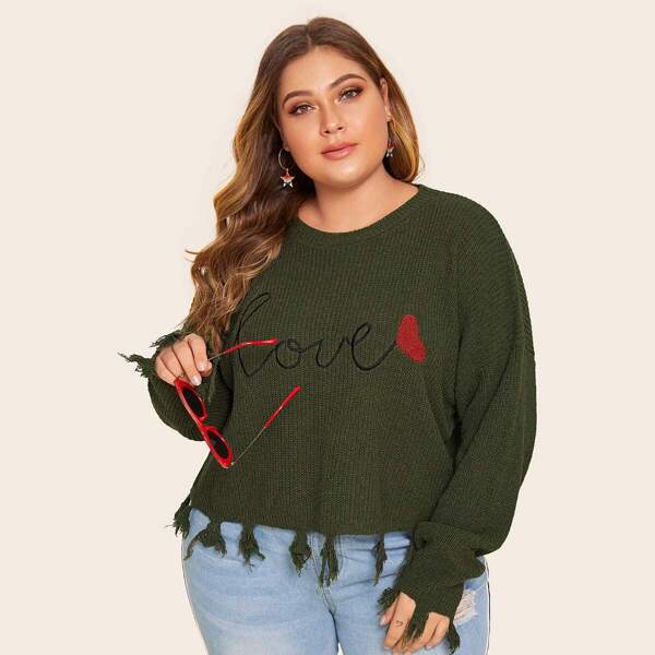 

Plus Letter Embroidery Raw Hem Jumper, Green