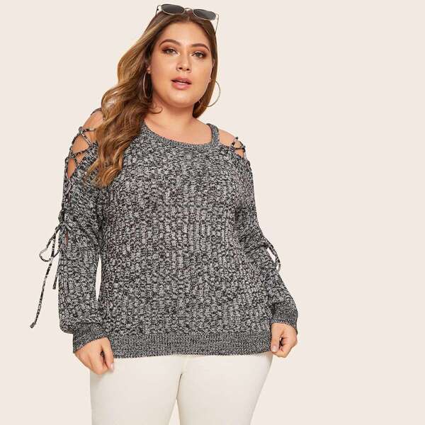 

Plus Open Shoulder Lace Up Marled Sweater