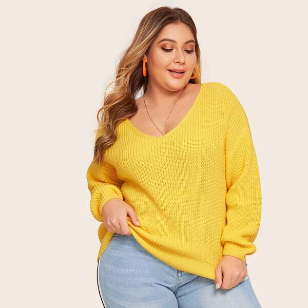 

Plus Double V-neck Drop Shoulder Sweater