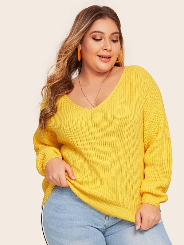 

Plus Double V-neck Drop Shoulder Sweater, Yellow, Carol
