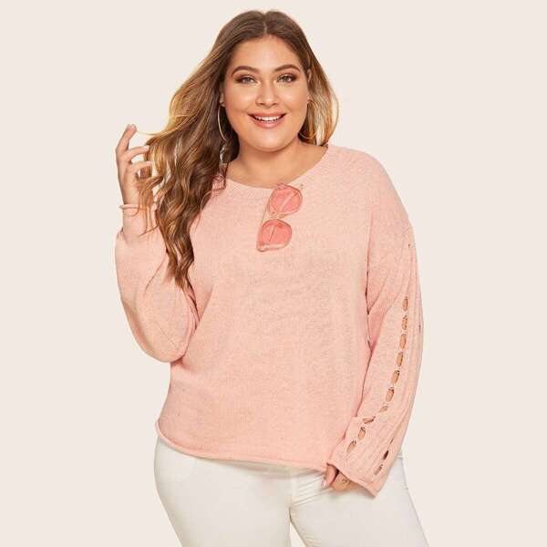 

Plus Ripped Sleeve Curl Trim Jumper, Pink