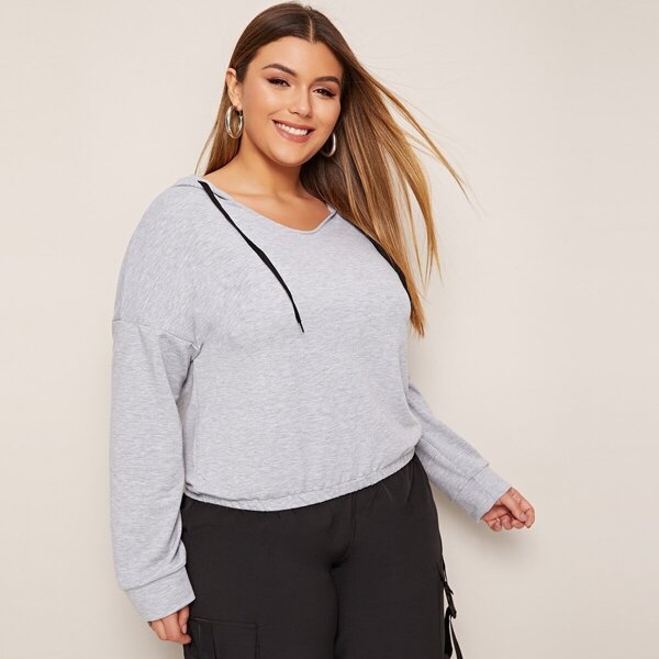 Plus Tight Hem Drawstring Hooded Sweatshirt, Grey