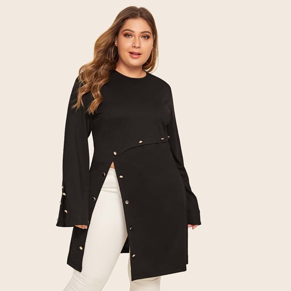 

Plus Metal Button Slit Hem Longline Tee, Black