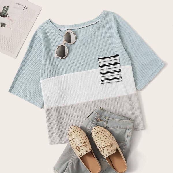

Plus Cut And Sew Pocket Patched Knit Top, Multicolor