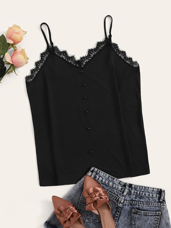

Plus Lace Panel Beaded Front Cami Top, Black