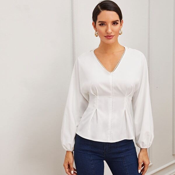

Guipure Lace Insert Pleated Detail Blouse