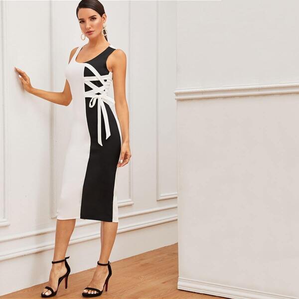 

Two Tone Lace Up Slit Hem Pencil Dress