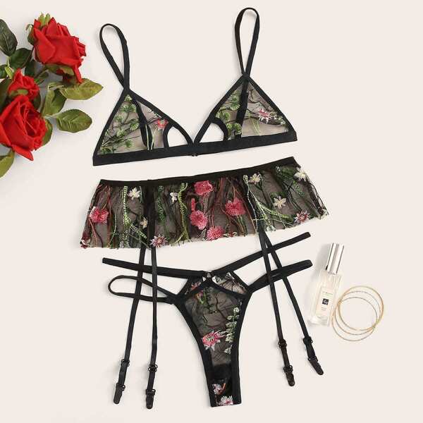 

Floral Embroidered Garter Lingerie Set, Multicolor