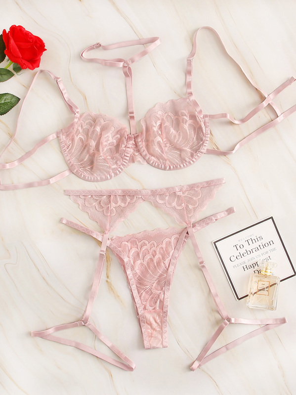 

Floral Lace Garter Lingerie Set With Choker, Pink