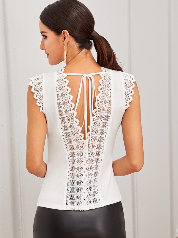 

Guipure Lace Trim Tie Back Top, White, Juliana