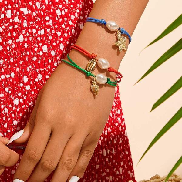 

Shell & Faux Pearl Charm String Bracelet 3pcs