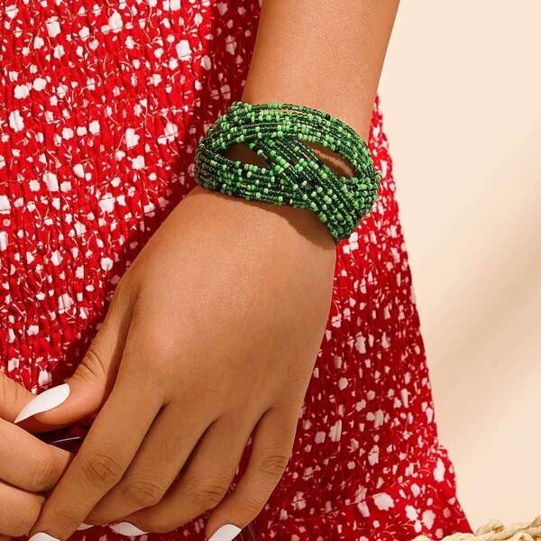 

Cross Design Beaded Wide Cuff Bracelet 1pc