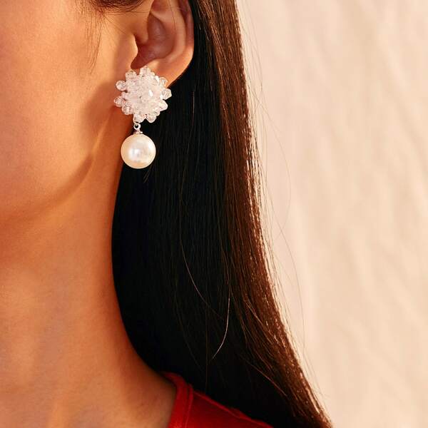 

Flower Decor Faux Pearl Drop Earrings 1pair