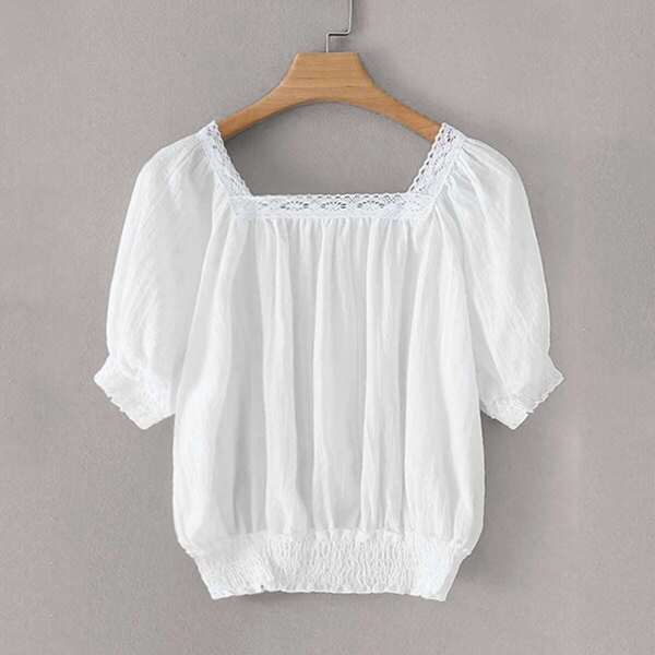 

Contrast Lace Square Neck Shirred Hem Blouse