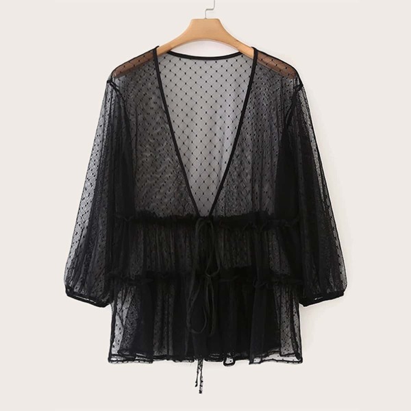 

Tie Front Flared Hem Sheer Mesh Blouse, Black