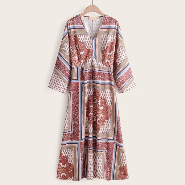 

Damask Print V-Neck Spliced High Waist Dress