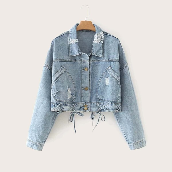 

Ripped Lace-up Button Through Denim Jacket